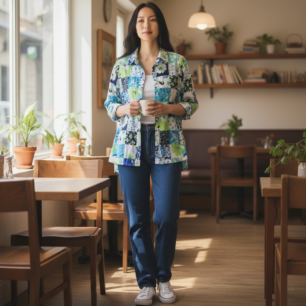 Appleseeds Patchwork Floral Button Up Shirt Blue Green White MP / #26774